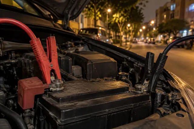 Cables de arranque conectados a la batería de un auto