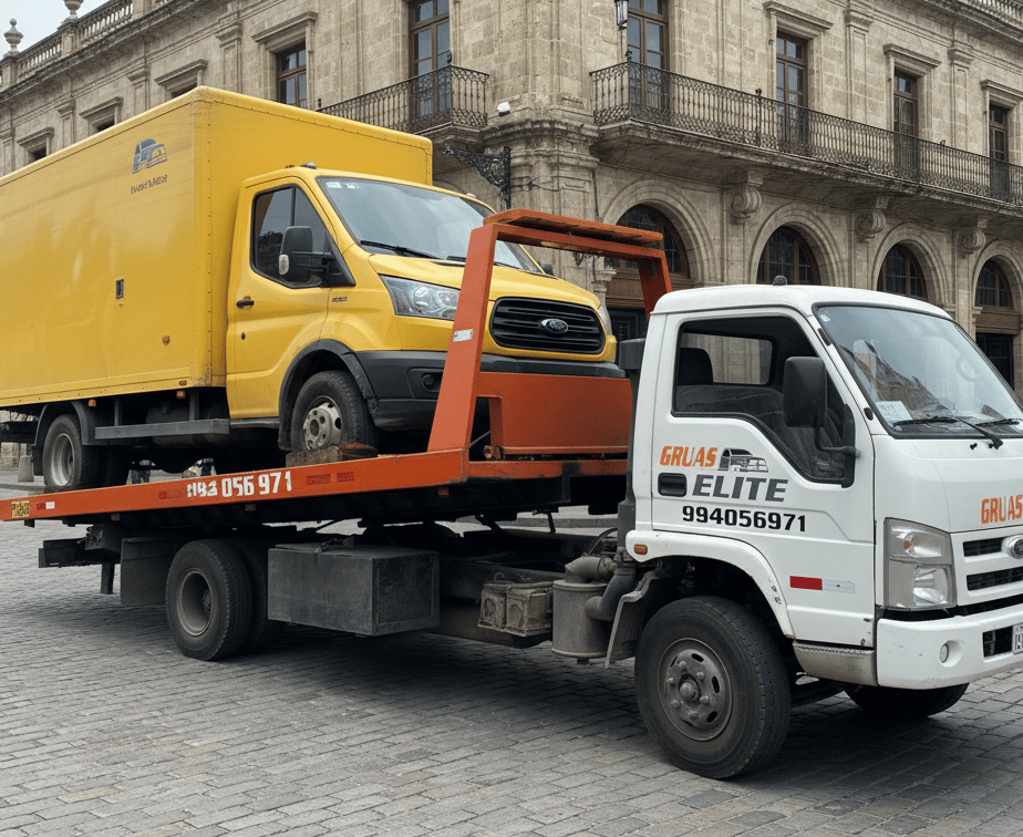 Grúa de Grúas Elite trasladando un vehículo comercial